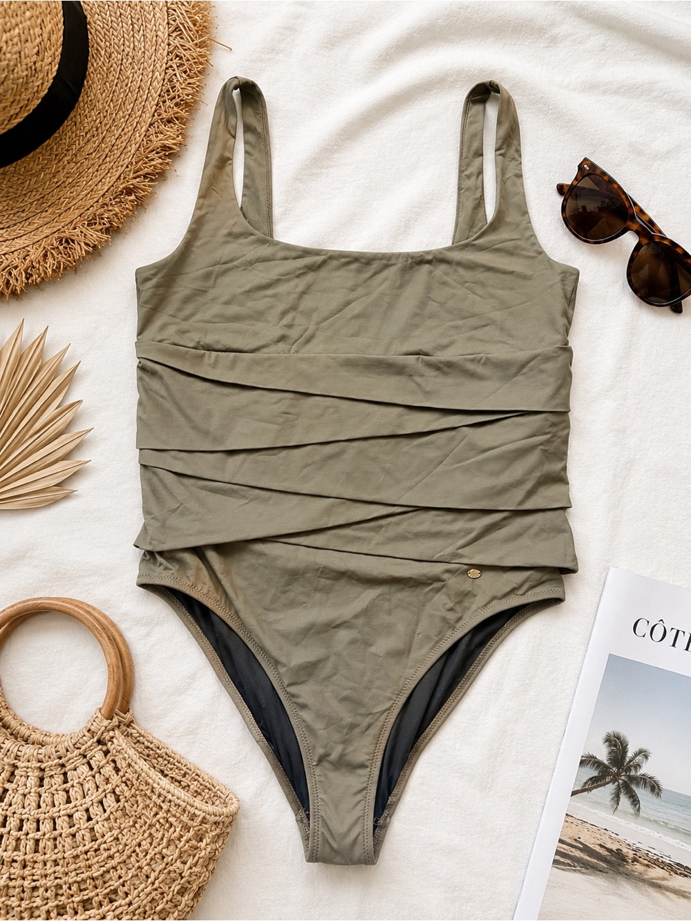 Escada One Piece Swimsuit 42 Olive Green Italy Gold Logo Quiet Luxury